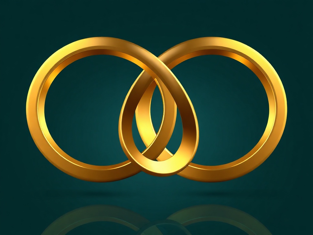 Stylized abstract icon: two interlocking golden rings forming an infinity symbol. Dark teal background, reflections. 8K, photorealistic render.